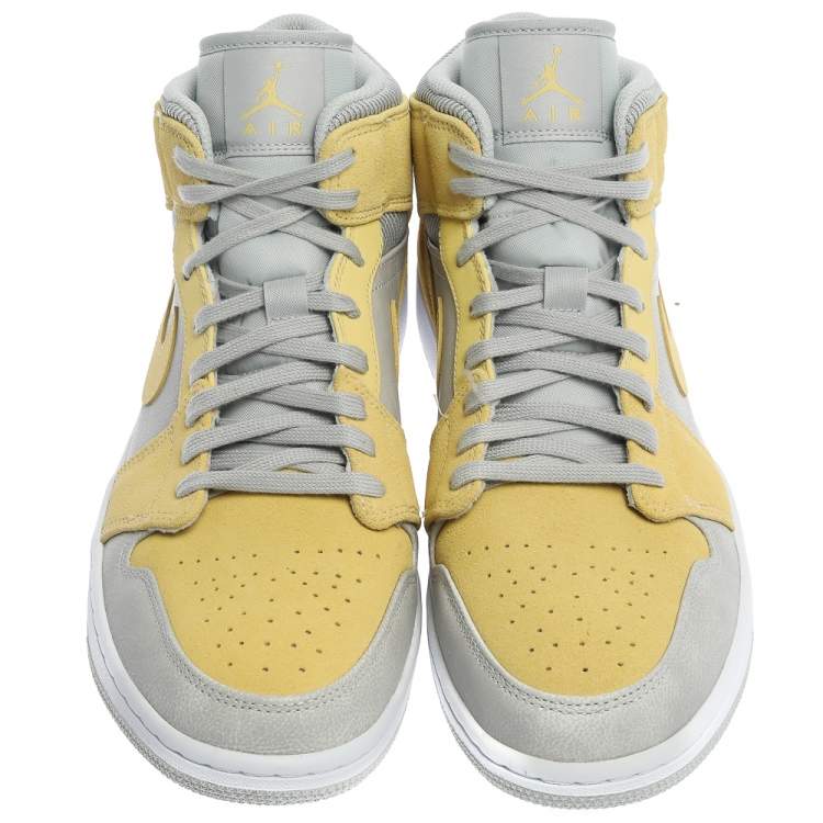 Pre Owned Air Jordan 1 Mid Nike Yellow/Grey Leather and Suede High Top Sneakers Size 44.5