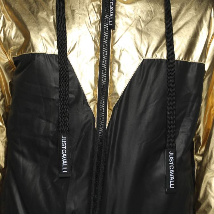 Pre Owned Just Cavalli Gold/Black Nylon Bomber Hoodie Jacket L