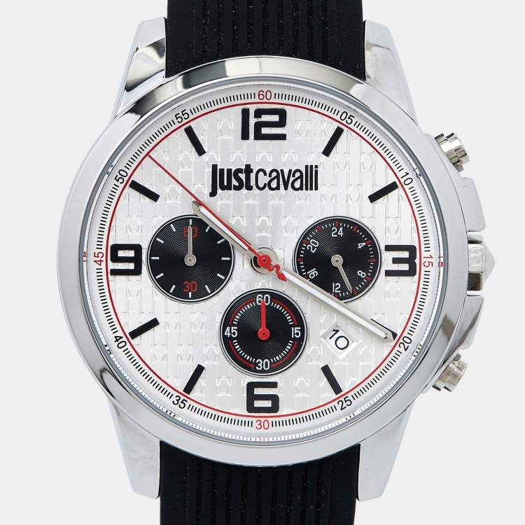 Pre Owned Just Cavalli Silver Stainless Steel Rubber JC1G175P0015 Men's Wristwatch 42 mm 