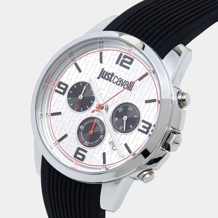 Pre Owned Just Cavalli Silver Stainless Steel Rubber JC1G175P0015 Men's Wristwatch 42 mm 