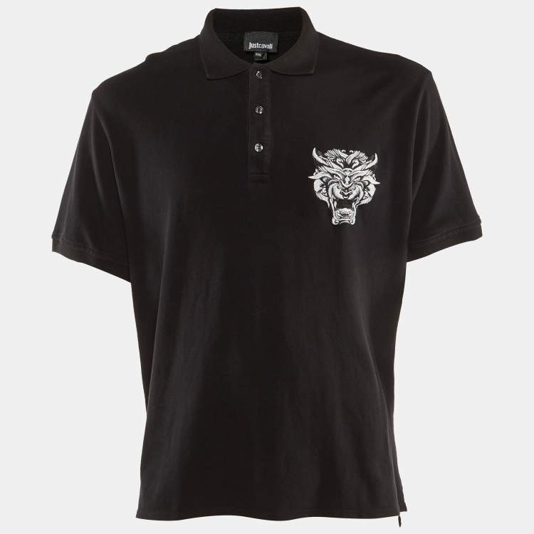Pre Owned Just Cavalli Black Cotton Pique Embroidered T-Shirt XXL