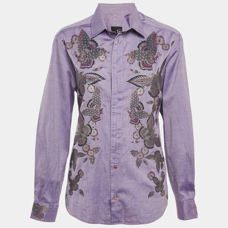 Pre Owned Just Cavalli Purple Floral Print Cotton Long Sleeve Shirt L