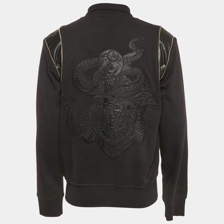 Pre Owned Just Cavalli Black Embroidered Cotton Knit Faux Leather Trim Jacket M