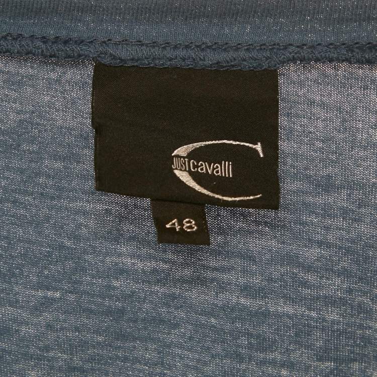 Pre Owned Just Cavalli Blue Printed Jersey V-Neck T-Shirt M