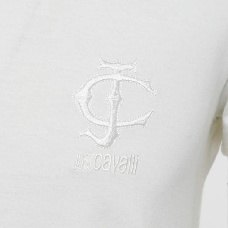 Pre Owned Just Cavalli White Logo Embroidered Jersey Fitted T-Shirt L