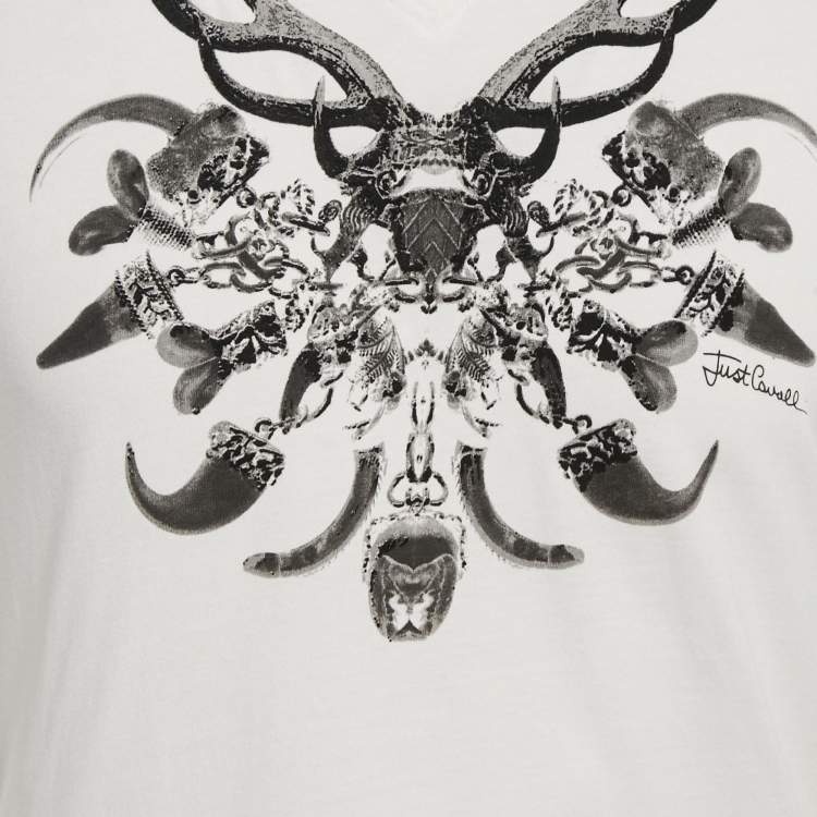 Pre Owned Just Cavalli White Printed Jersey V-Neck T-Shirt L