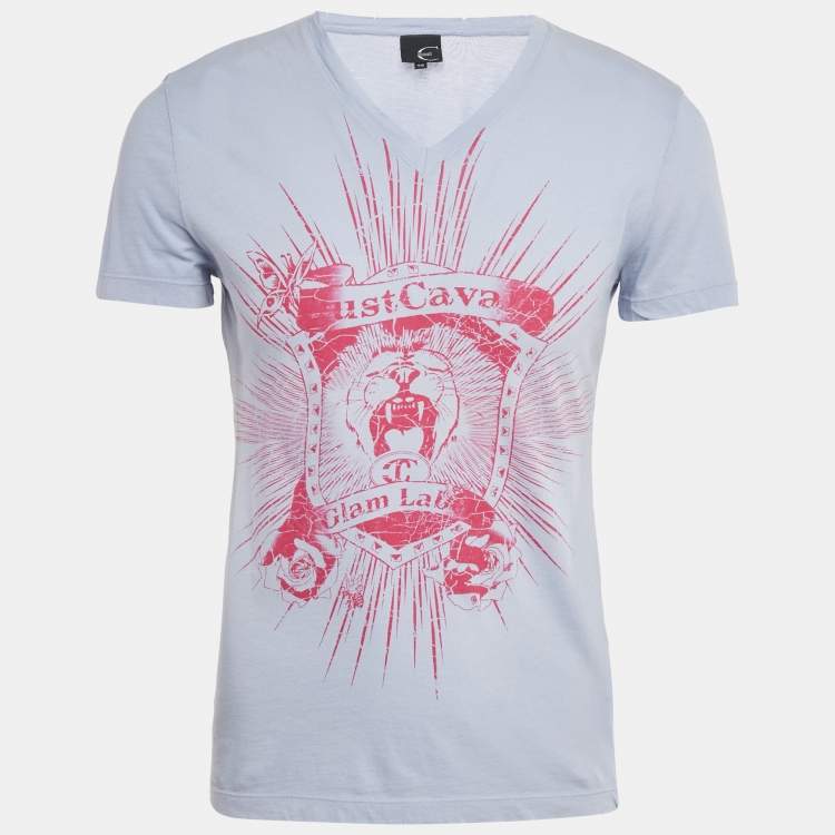 Pre Owned Just Cavalli Blue Printed Jersey Distressed V-Neck T-Shirt M