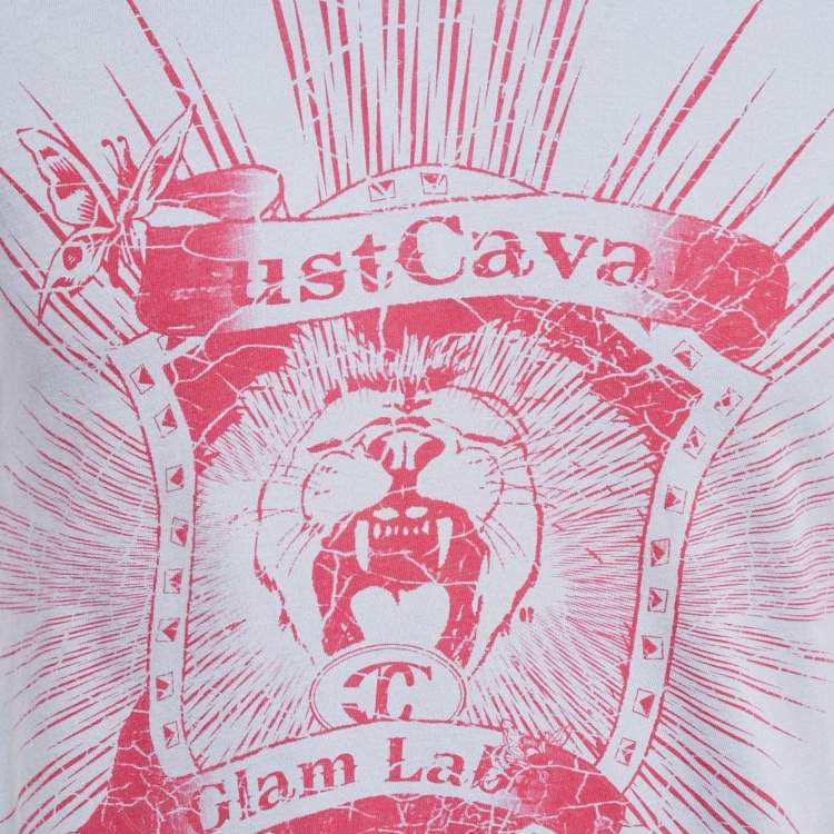 Pre Owned Just Cavalli Blue Printed Jersey Distressed V-Neck T-Shirt M