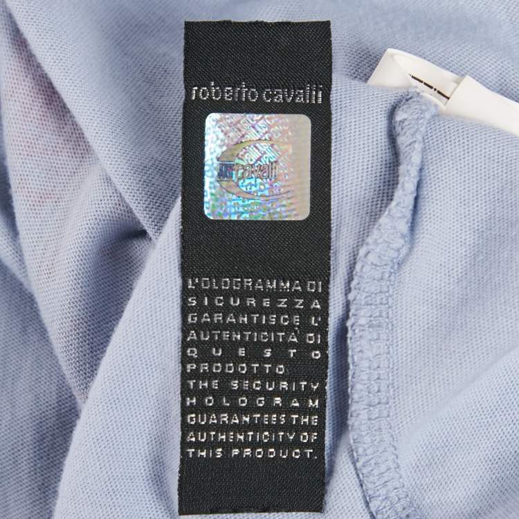 Pre Owned Just Cavalli Blue Printed Jersey Distressed V-Neck T-Shirt M