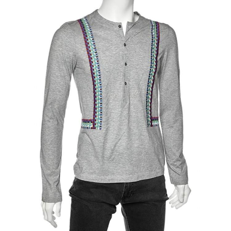 Pre Owned Just Cavalli Grey Cotton Embroidered Detailed Long Sleeve T-Shirt M