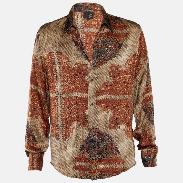 Pre Owned Just Cavalli Brown Printed Silk Button Front Shirt XL