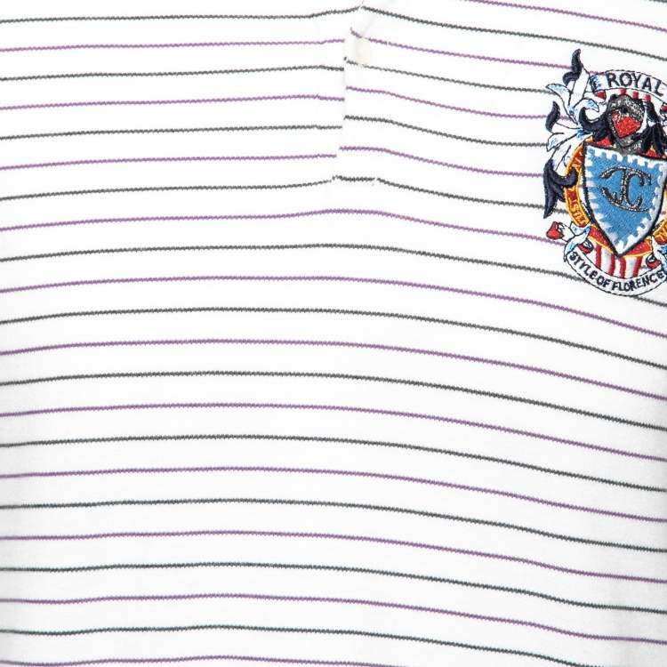 Pre Owned Just Cavalli White Striped Cotton Embroidered Polo T-shirt XXL