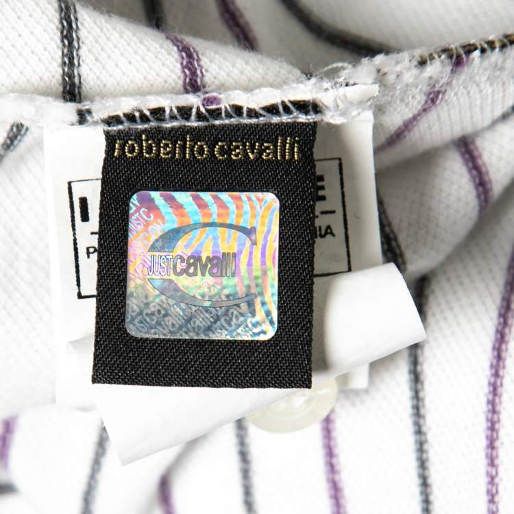 Pre Owned Just Cavalli White Striped Cotton Embroidered Polo T-shirt XXL