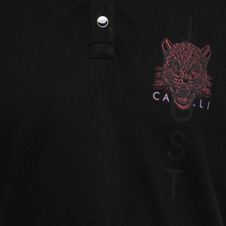 Pre Owned Just Cavalli Black Logo Print Cotton Polo T-Shirt L   