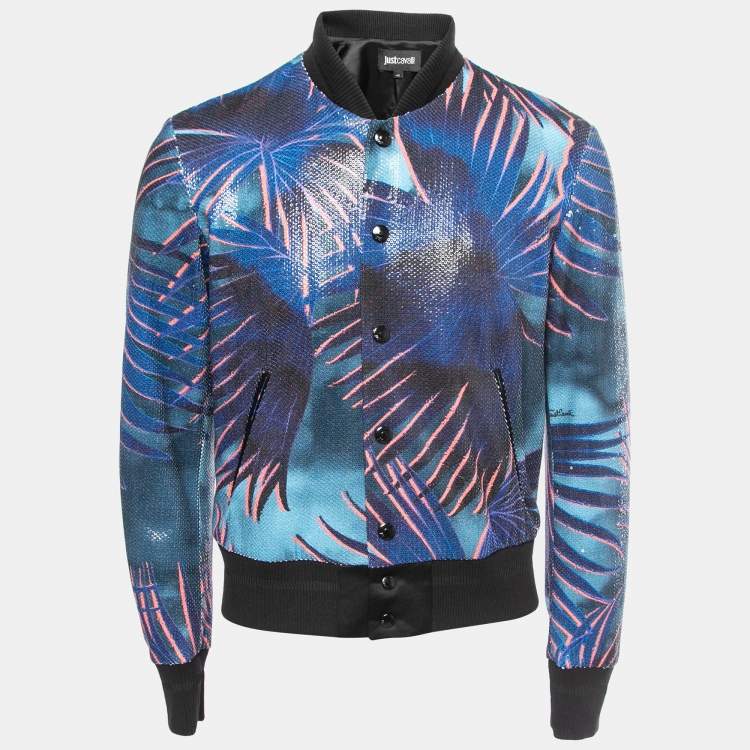 Pre Owned Just Cavalli Blue Multicolor Printed Sequined Bomber Jacket S