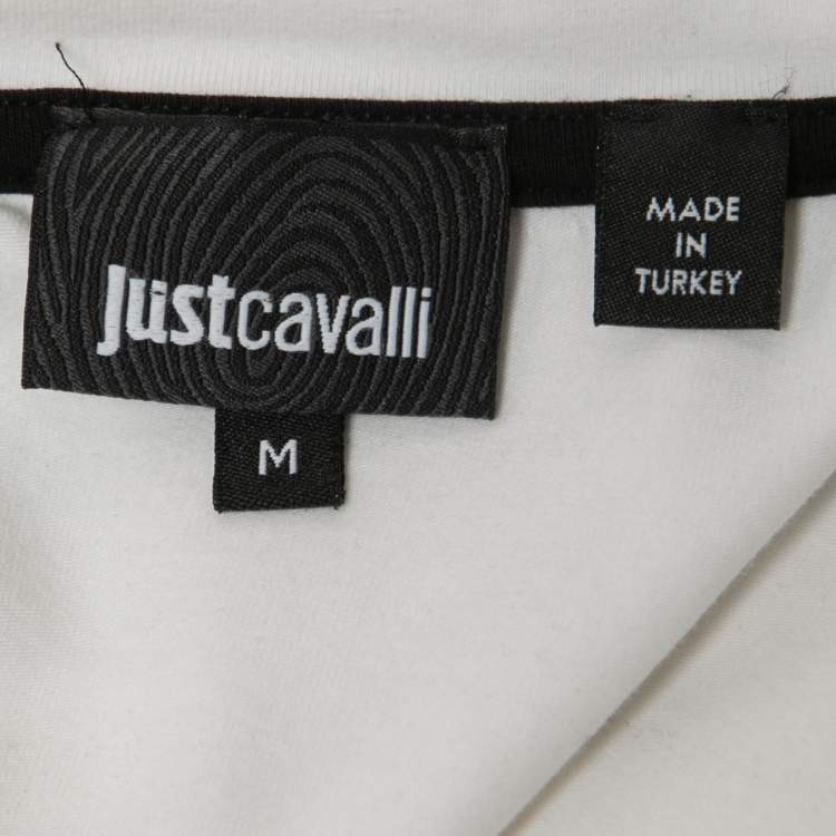 Pre Owned Just Cavalli White Graphic Logo Print Cotton V-Neck T-Shirt M