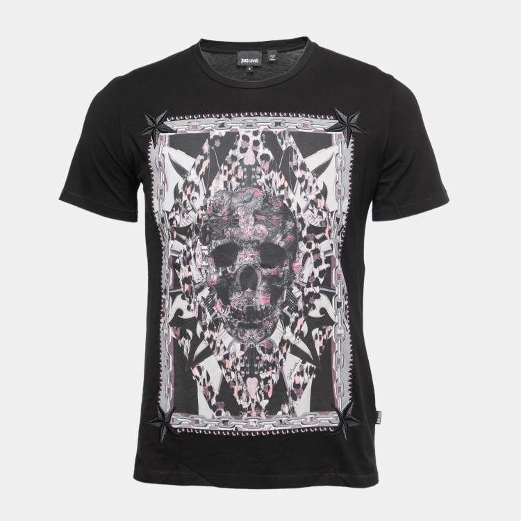 مملوكة مسبقًا Just Cavalli Black Skull Print Cotton Crew Neck T-Shirt S