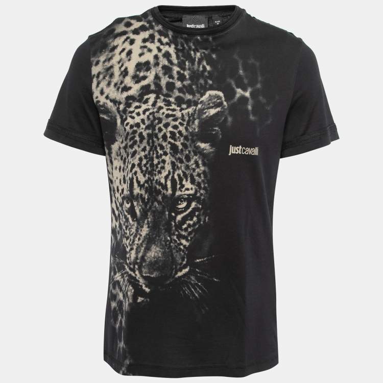 مملوكة مسبقًا Just Cavalli Black Tiger Printed Cotton Crew Neck Half Sleeve T-Shirt L
