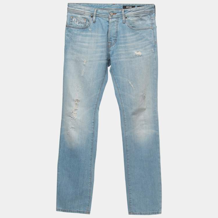 Pre Owned Just Cavalli Light Blue Washed & Distressed Denim Regular Fit Jeans S Waist 30"