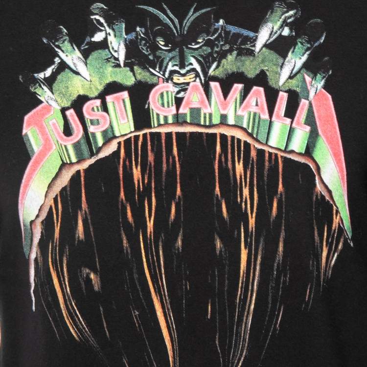 Pre Owned Just Cavalli Black Logo Print Cotton Crew Neck Long Sleeve T-Shirt L
