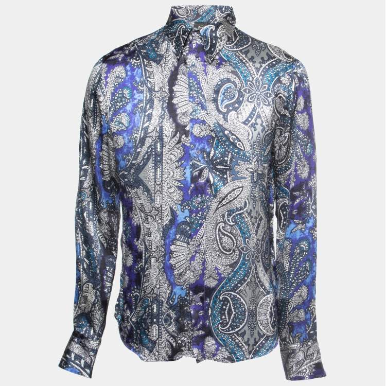 Pre Owned Just Cavalli Blue Paisley Print Satin Silk Button Front Shirt XL