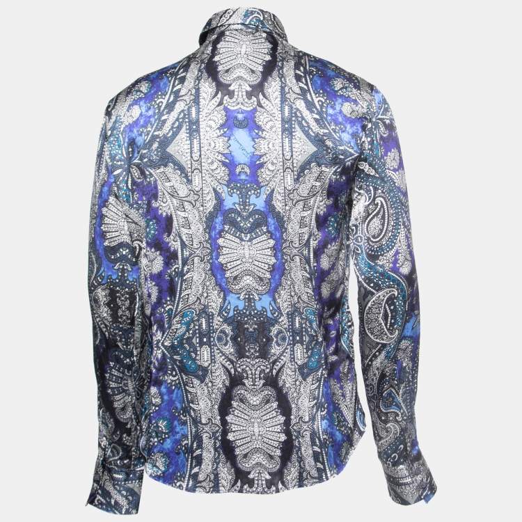 Pre Owned Just Cavalli Blue Paisley Print Satin Silk Button Front Shirt XL