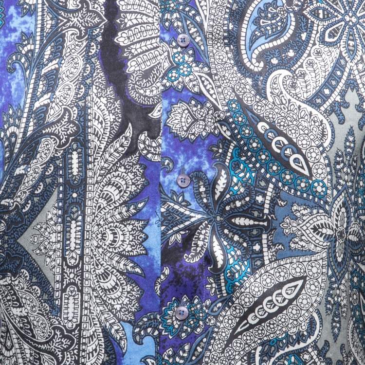 Pre Owned Just Cavalli Blue Paisley Print Satin Silk Button Front Shirt XL