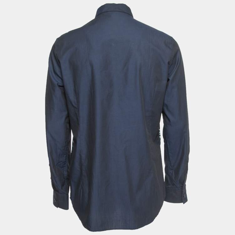 Pre Owned Just Cavalli Navy Blue Print Silk & Cotton Button Front Full Sleeve Shirt M