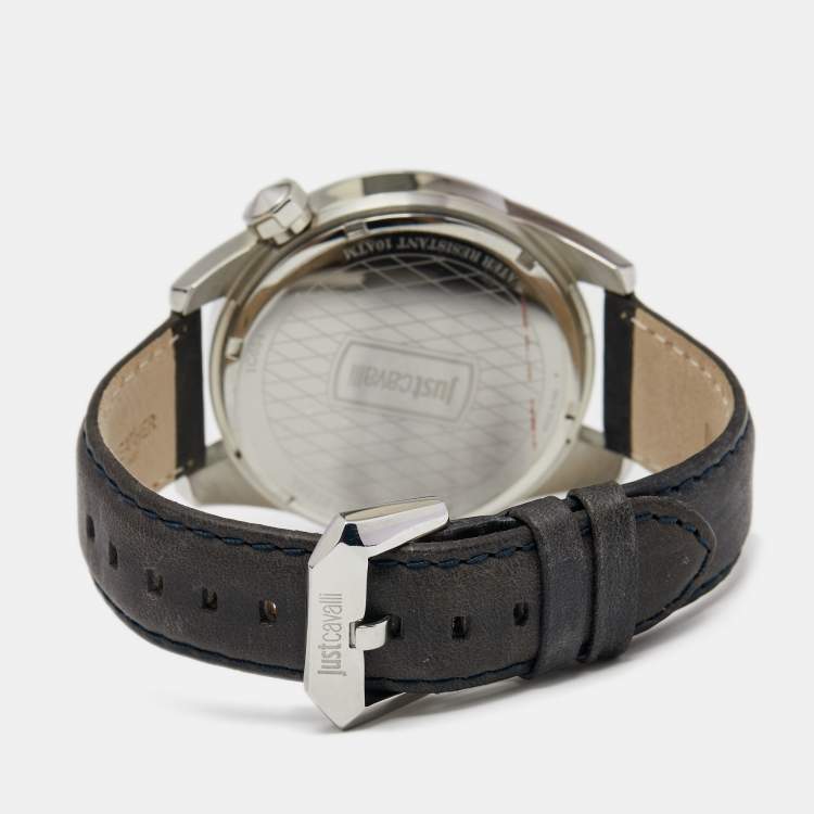 Pre Owned Just Cavalli Grey Stainless Steel Leather Men's Wristwatch 44 mm