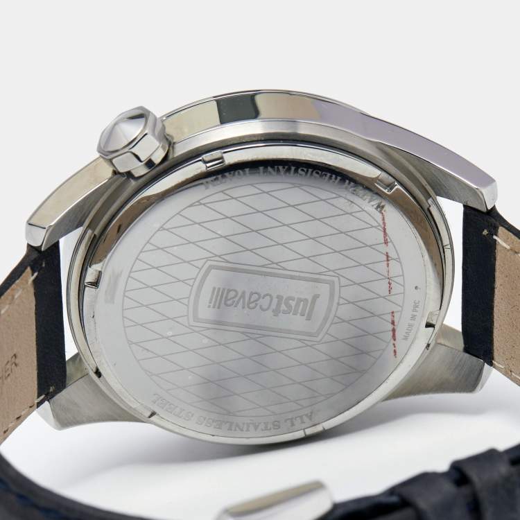 Pre Owned Just Cavalli Grey Stainless Steel Leather Men's Wristwatch 44 mm
