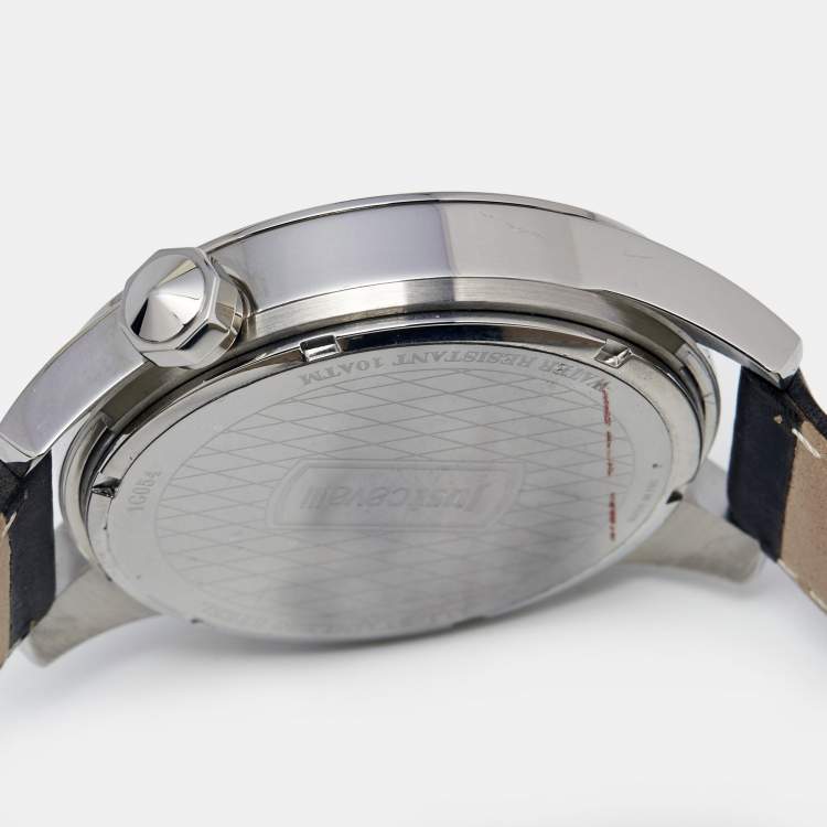 Pre Owned Just Cavalli Grey Stainless Steel Leather Men's Wristwatch 44 mm