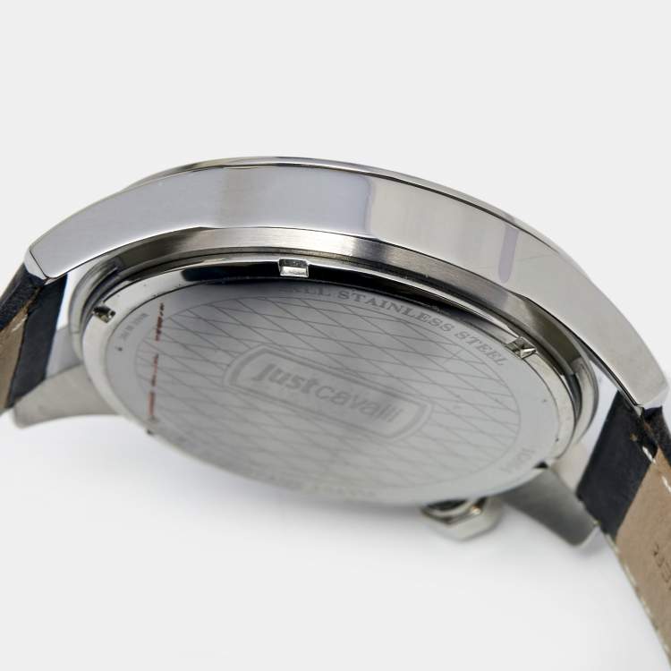 Pre Owned Just Cavalli Grey Stainless Steel Leather Men's Wristwatch 44 mm