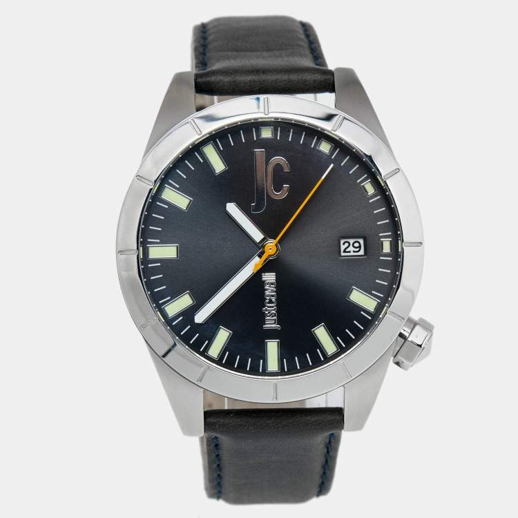 Pre Owned Just Cavalli Grey Stainless Steel Leather Men's Wristwatch 44 mm