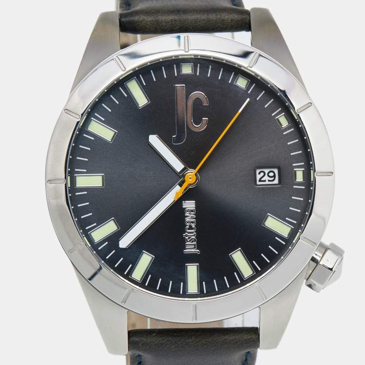 Pre Owned Just Cavalli Grey Stainless Steel Leather Men's Wristwatch 44 mm