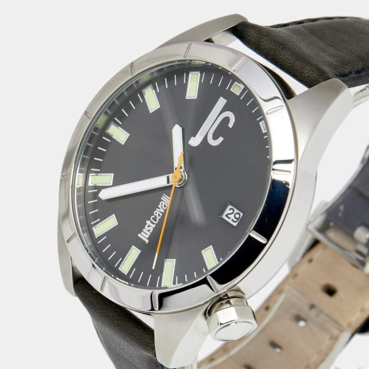 Pre Owned Just Cavalli Grey Stainless Steel Leather Men's Wristwatch 44 mm
