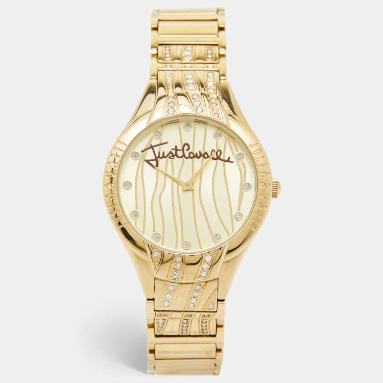 Pre Owned Just Cavalli Champagne Yellow Gold Plated Stainless Steel Instinct R7253164517 Women's Wristwatch 38 mm