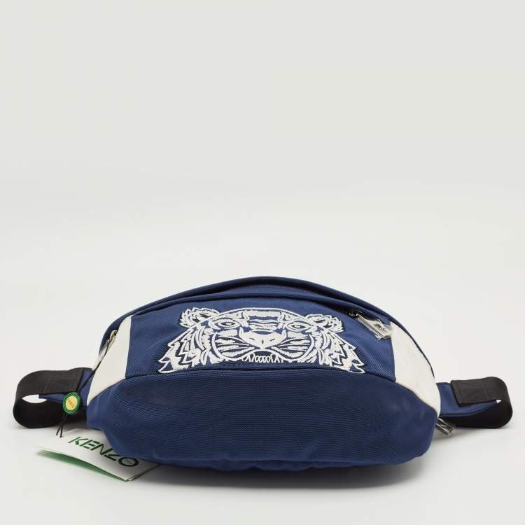 Pre Owned Kenzo Navy Blue/White Nylon Tiger Embroidered Belt Bag