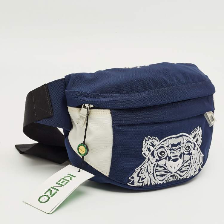 Pre Owned Kenzo Navy Blue/White Nylon Tiger Embroidered Belt Bag