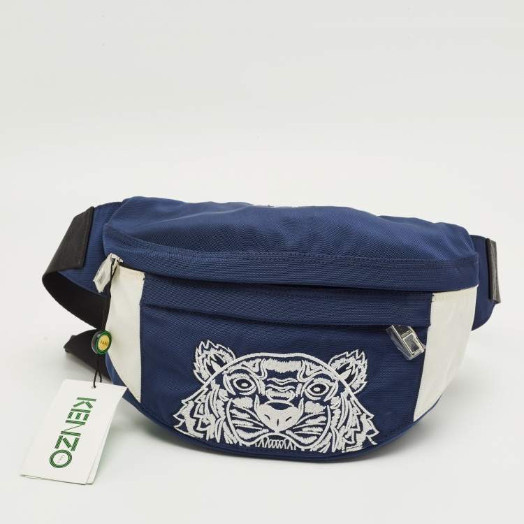 Pre Owned Kenzo Navy Blue/White Nylon Tiger Embroidered Belt Bag