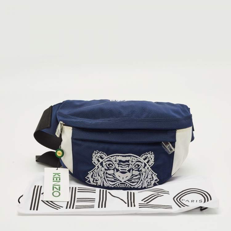 Pre Owned Kenzo Navy Blue/White Nylon Tiger Embroidered Belt Bag