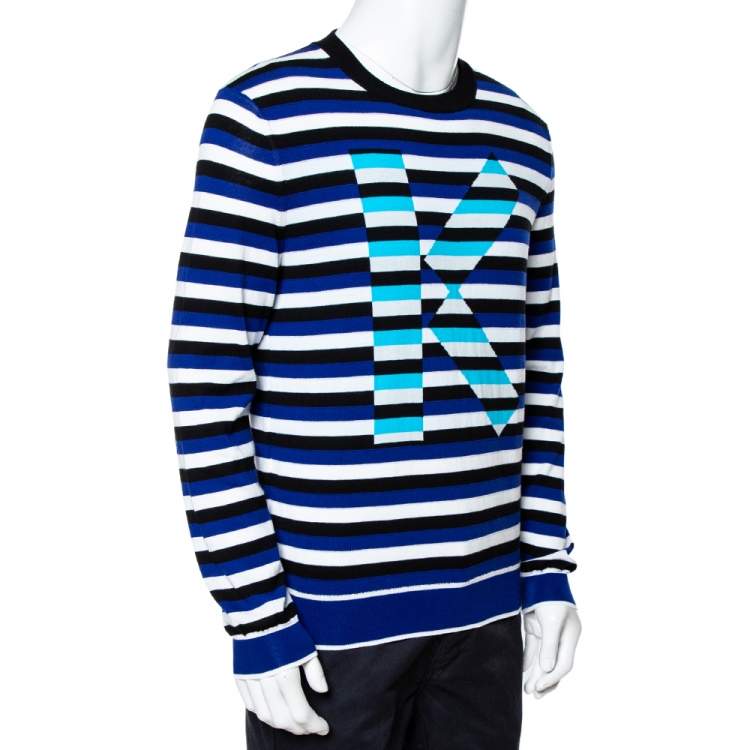 Pre Owned Kenzo French Blue Striped Intarsia Logo Knit Jumper M