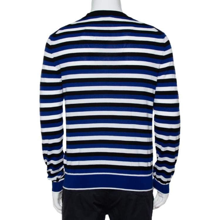 Pre Owned Kenzo French Blue Striped Intarsia Logo Knit Jumper M