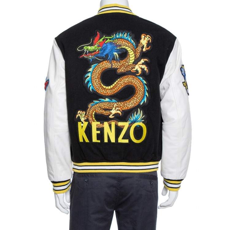 Pre Owned Kenzo Black Wool Blend Logo-Patch Leather Varsity Jacket M