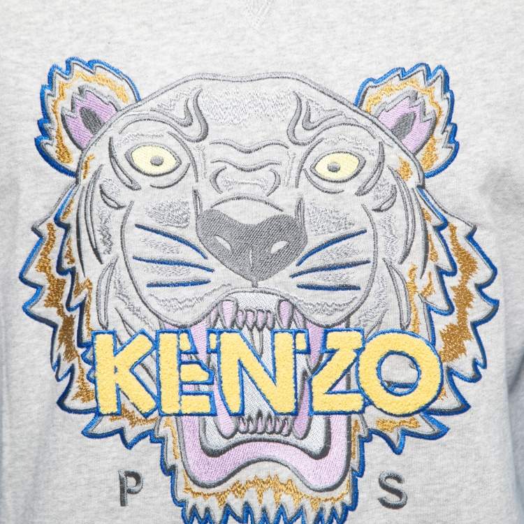 Pre Owned Kenzo Grey & Blue Cotton Tiger Embroidered Sweatshirt M