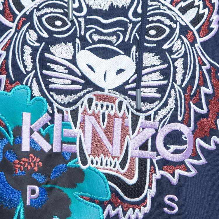 Pre Owned Kenzo Navy Blue Cotton Floral Tiger Motif Oversized Hoodie XS