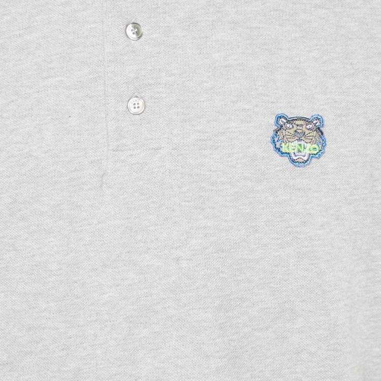 Pre Owned Kenzo Grey Cotton Pique Tiger Patch K-Fit Polo T-Shirt L