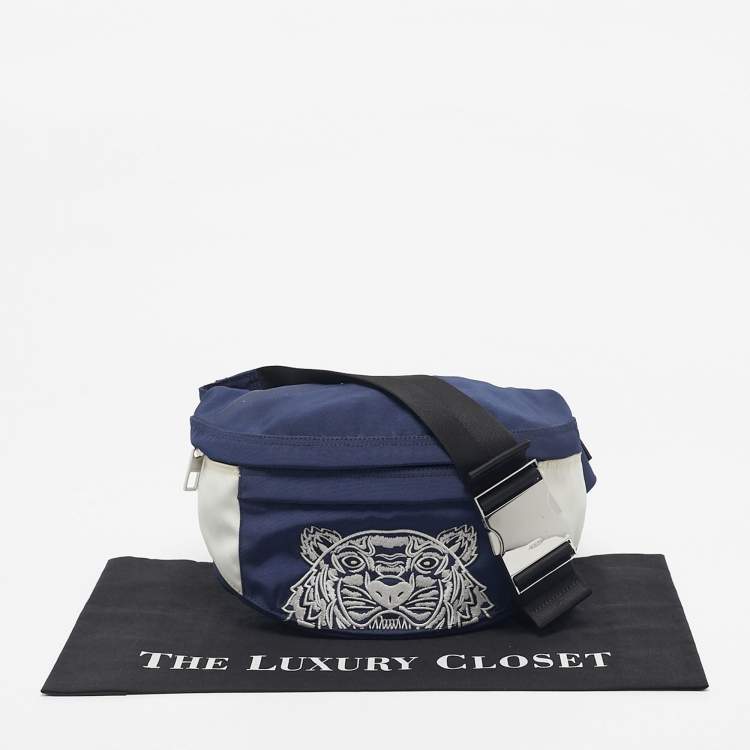 Pre Owned Kenzo Navy Blue/White Nylon Embroidered Tiger Belt Bag