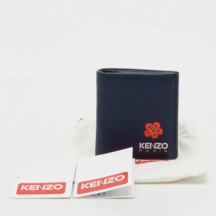 Pre Owned Kenzo Navy Blue Leather Boke Flower Logo Print Mini Bifold Wallet
