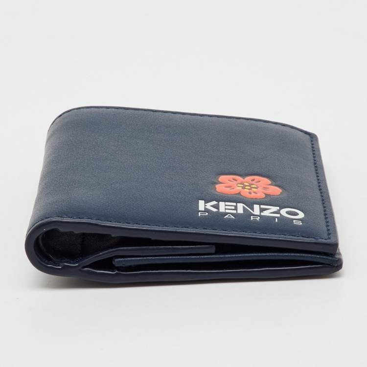 Pre Owned Kenzo Navy Blue Leather Boke Flower Logo Print Mini Bifold Wallet