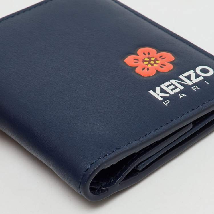 Pre Owned Kenzo Navy Blue Leather Boke Flower Logo Print Mini Bifold Wallet